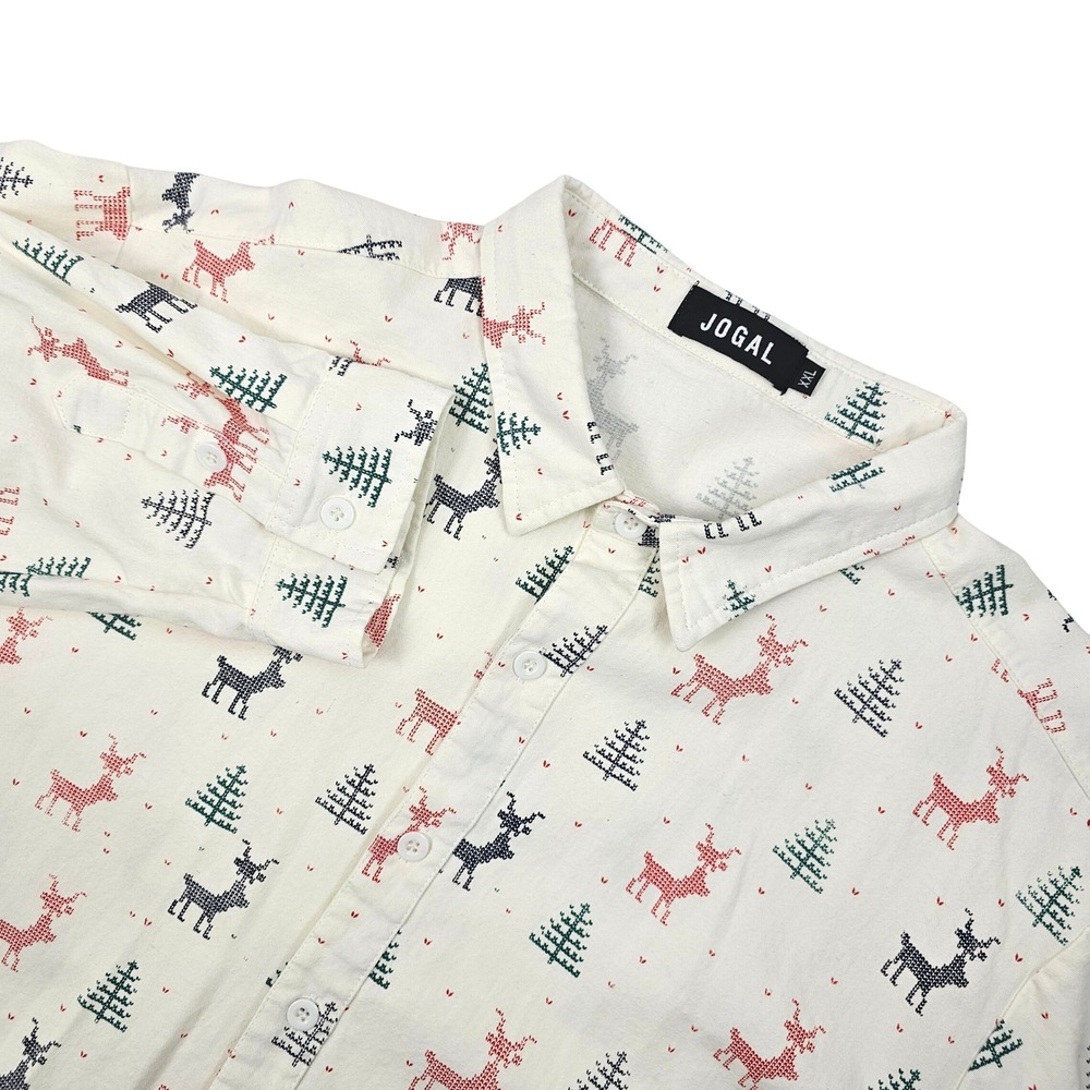 JOGAL Mens XXL Christmas Shirt Button Up LS‎ Reindeer Tree Pattern Print Holiday